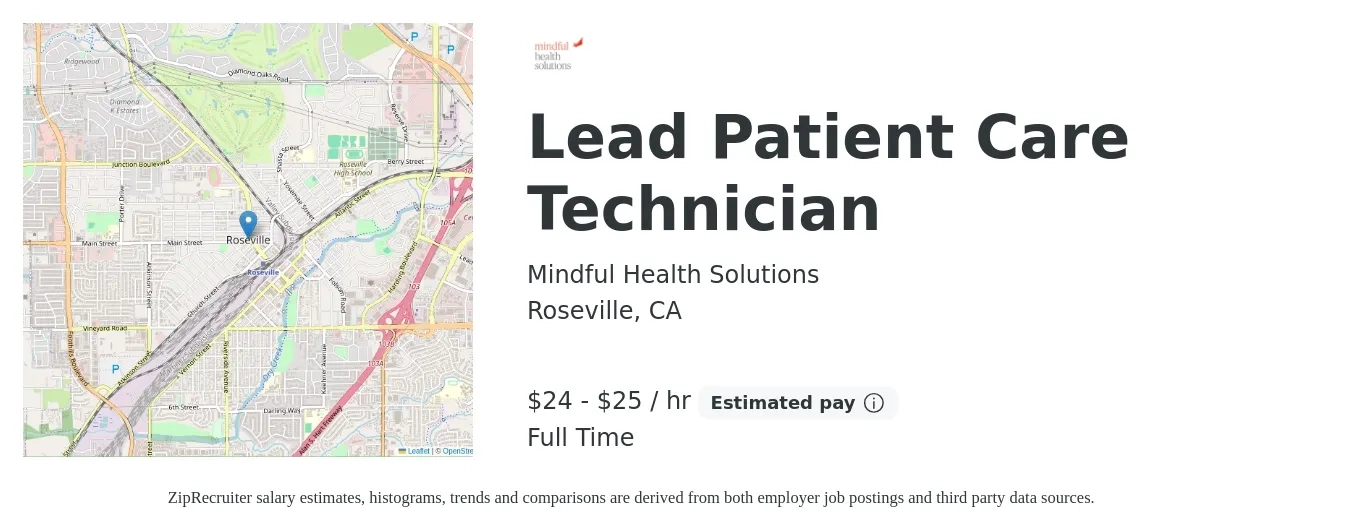 Mindful Health Solutions job posting for a Lead Patient Care Technician in Roseville, CA with a salary of $25 to $27 Hourly with a map of Roseville location.