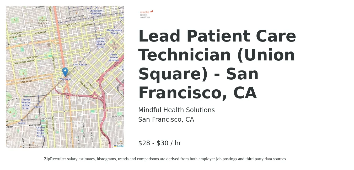 Mindful Health Solutions job posting for a Lead Patient Care Technician in San Francisco, CA with a salary of $30 to $32 Hourly with a map of San Francisco location.