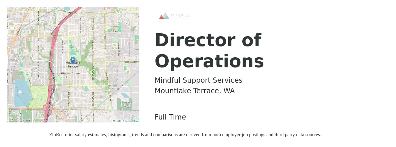 Mindful Support Services job posting for a Director of Operations in Mountlake Terrace, WA with a salary of $82,000 to $147,200 Yearly with a map of Mountlake Terrace location.