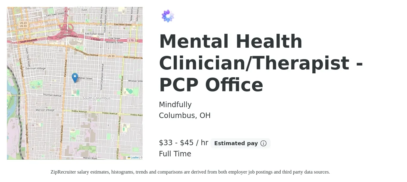 Mindfully job posting for a Mental Health Clinician/Therapist - PCP Office in Columbus, OH with a salary of $35 to $47 Hourly with a map of Columbus location.