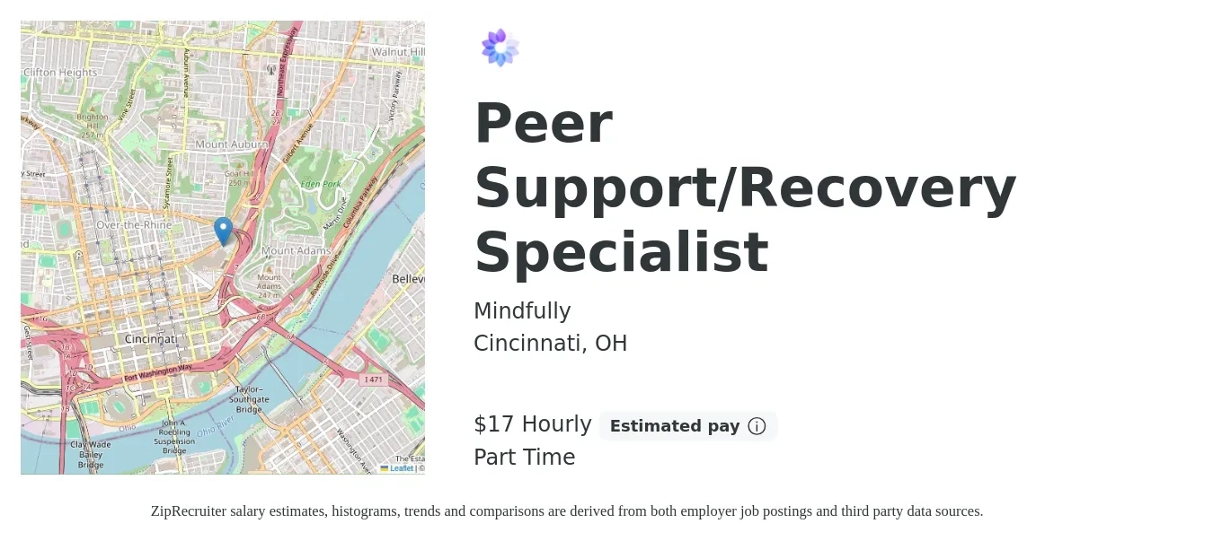 Mindfully job posting for a Peer Support/Recovery Specialist in Cincinnati, OH with a salary of $18 Hourly with a map of Cincinnati location.