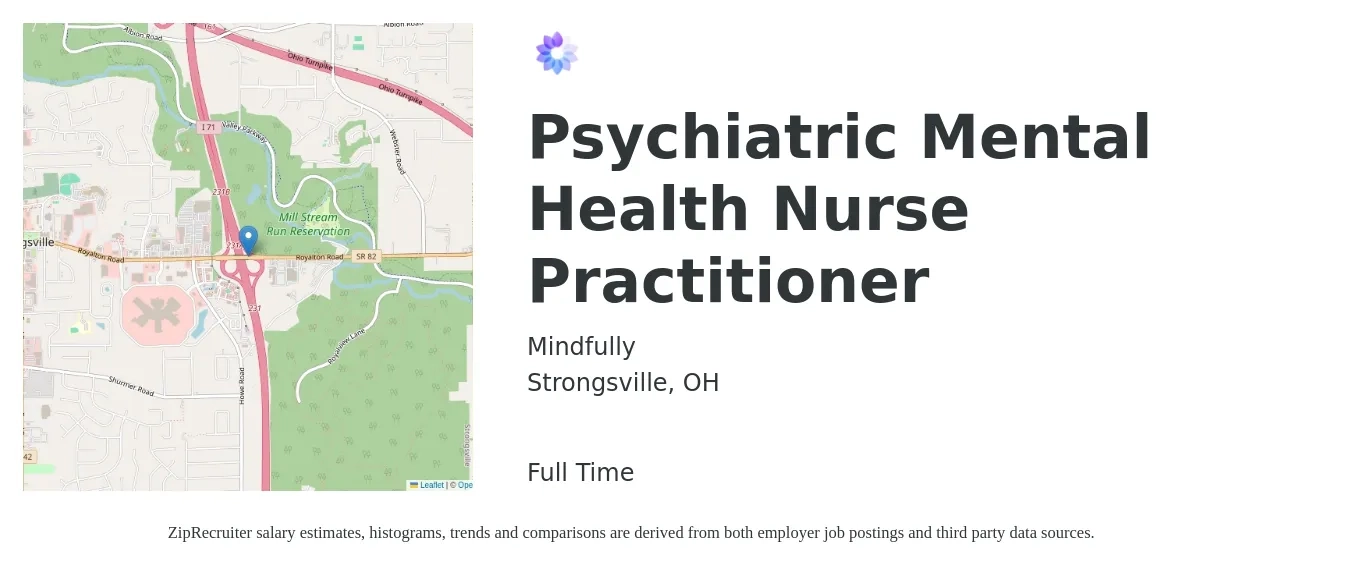 Mindfully job posting for a Psychiatric Mental Health Nurse Practitioner in Strongsville, OH with a salary of $58,100 to $117,200 Yearly with a map of Strongsville location.