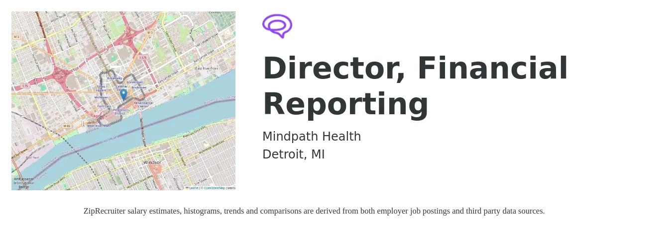 Mindpath Health job posting for a Director, Financial Reporting in Detroit, MI with a salary of $131,200 to $178,200 Yearly with a map of Detroit location.