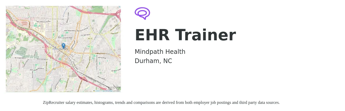 Mindpath Health job posting for a EHR Trainer in Durham, NC with a salary of $20 to $35 Hourly with a map of Durham location.