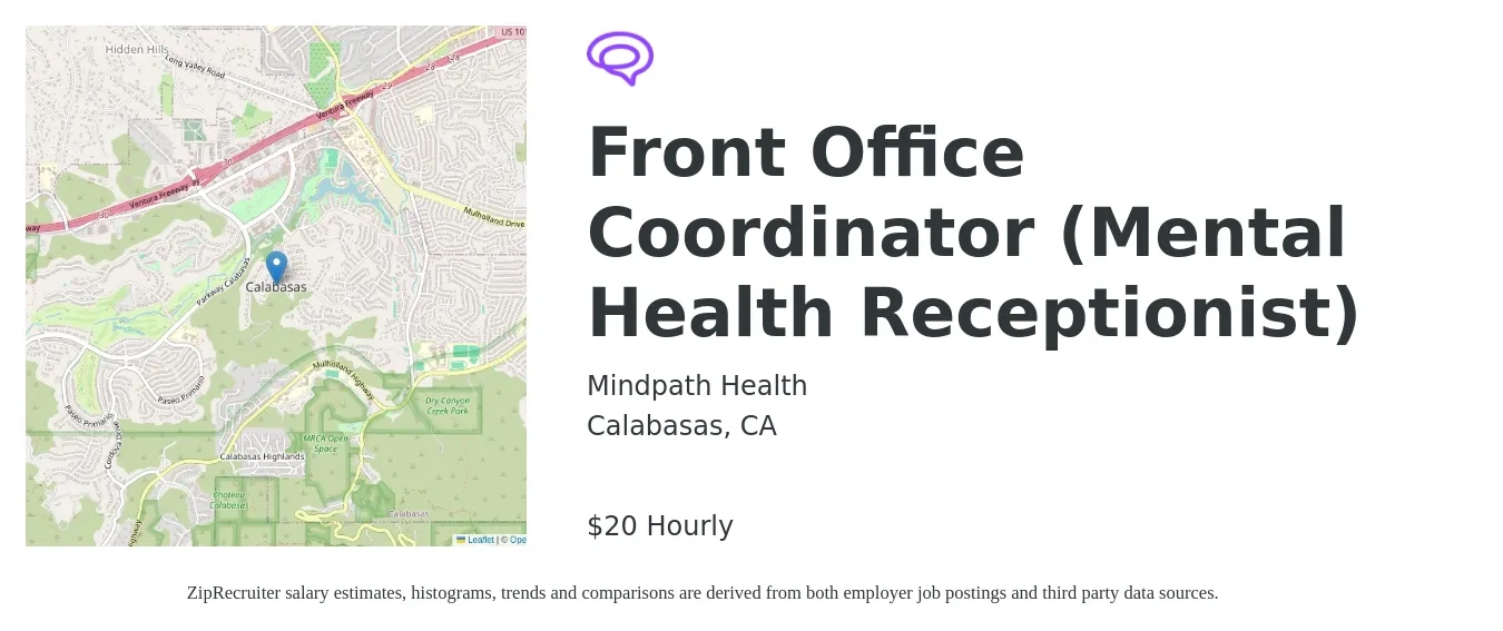 Mindpath Health job posting for a Front Office Coordinator (Mental Health Receptionist) in Calabasas, CA with a salary of $21 Hourly with a map of Calabasas location.