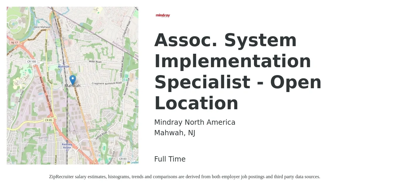 Mindray North America job posting for a Assoc. System Implementation Specialist - Open Location in Mahwah, NJ with a salary of $26 to $36 Hourly with a map of Mahwah location.