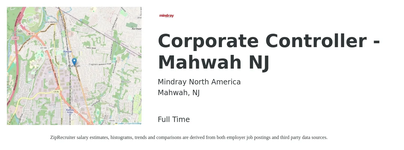 Mindray North America job posting for a Corporate Controller - Mahwah NJ in Mahwah, NJ with a salary of $114,000 to $163,100 Yearly with a map of Mahwah location.