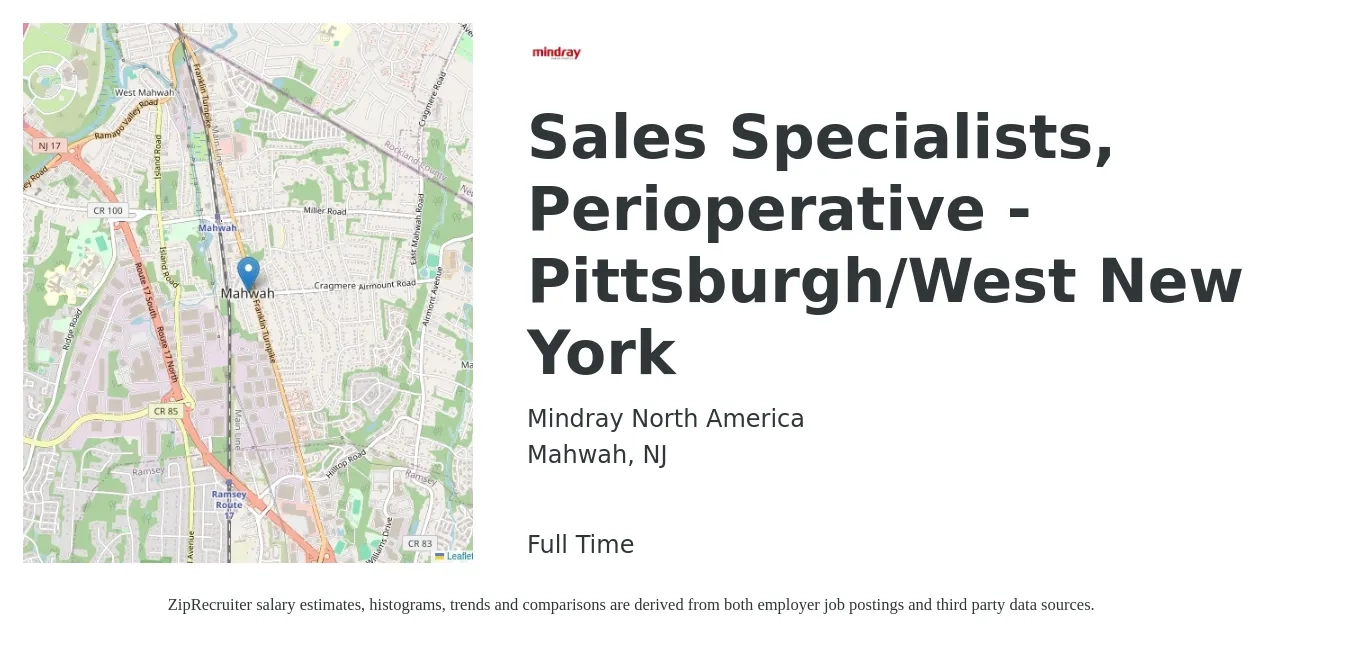 Mindray North America job posting for a Sales Specialists, Perioperative -Pittsburgh/West New York in Mahwah, NJ with a salary of $45,600 to $75,900 Yearly with a map of Mahwah location.