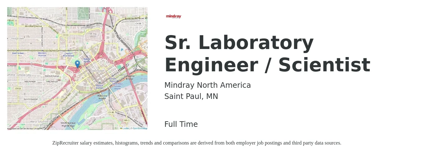 Mindray North America job posting for a Sr. Laboratory Engineer / Scientist in Saint Paul, MN with a salary of $46,000 to $75,200 Yearly with a map of Saint Paul location.