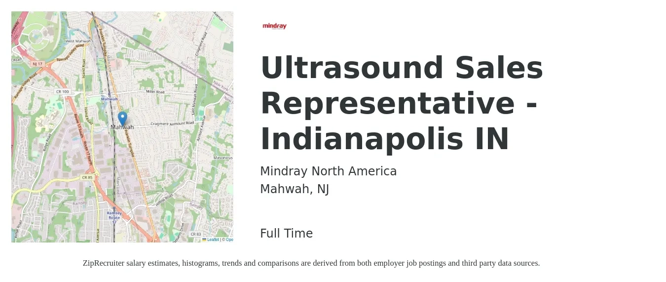 Mindray North America job posting for a Ultrasound Sales Representative - Indianapolis IN in Mahwah, NJ with a salary of $39,700 to $69,400 Yearly with a map of Mahwah location.