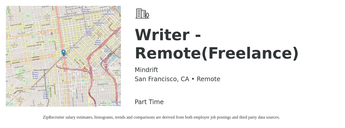 Mindrift job posting for a Writer - Remote (Freelance) in San Francisco, CA with a salary of $25 to $32 Hourly with a map of San Francisco location.