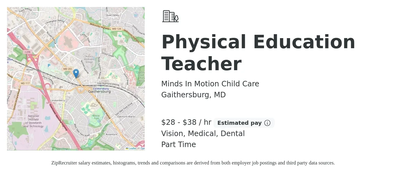 Minds In Motion Child Care job posting for a Physical Education Teacher in Gaithersburg, MD with a salary of $30 to $40 Hourly and benefits including dental, medical, retirement, and vision with a map of Gaithersburg location.