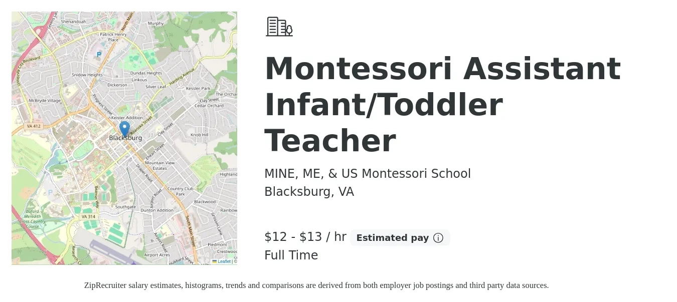 MINE, ME, & US Montessori School job posting for a Montessori Assistant Infant/Toddler Teacher in Blacksburg, VA with a salary of $13 to $14 Hourly with a map of Blacksburg location.