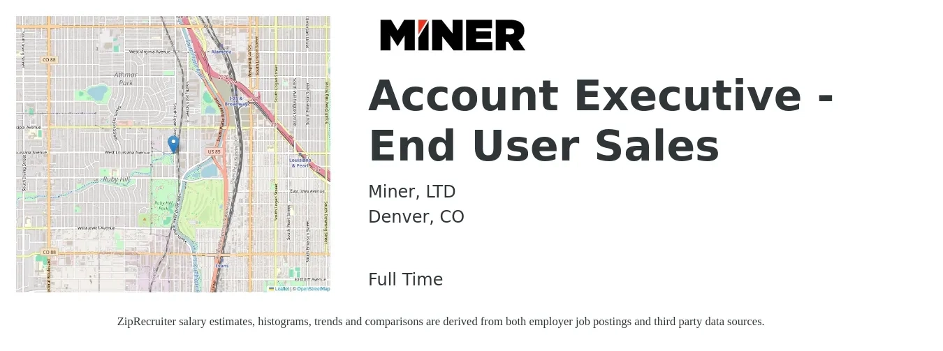 Miner, LTD job posting for a Account Executive - End User Sales in Denver, CO with a salary of $50,900 to $94,300 Yearly with a map of Denver location.