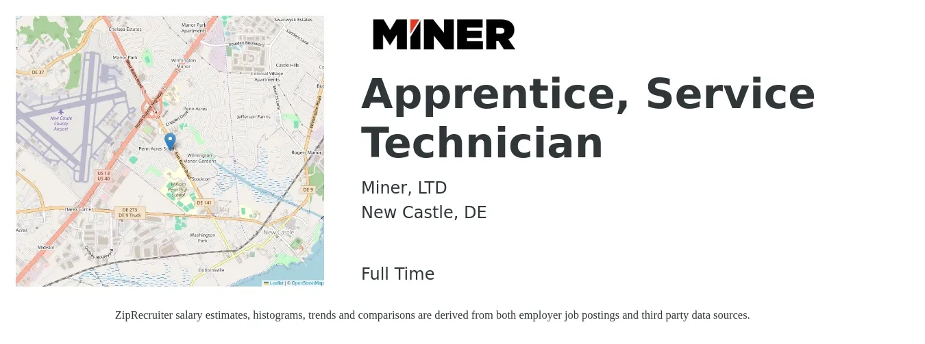 Miner, LTD job posting for a Apprentice, Service Technician in New Castle, DE with a salary of $16 to $21 Hourly with a map of New Castle location.