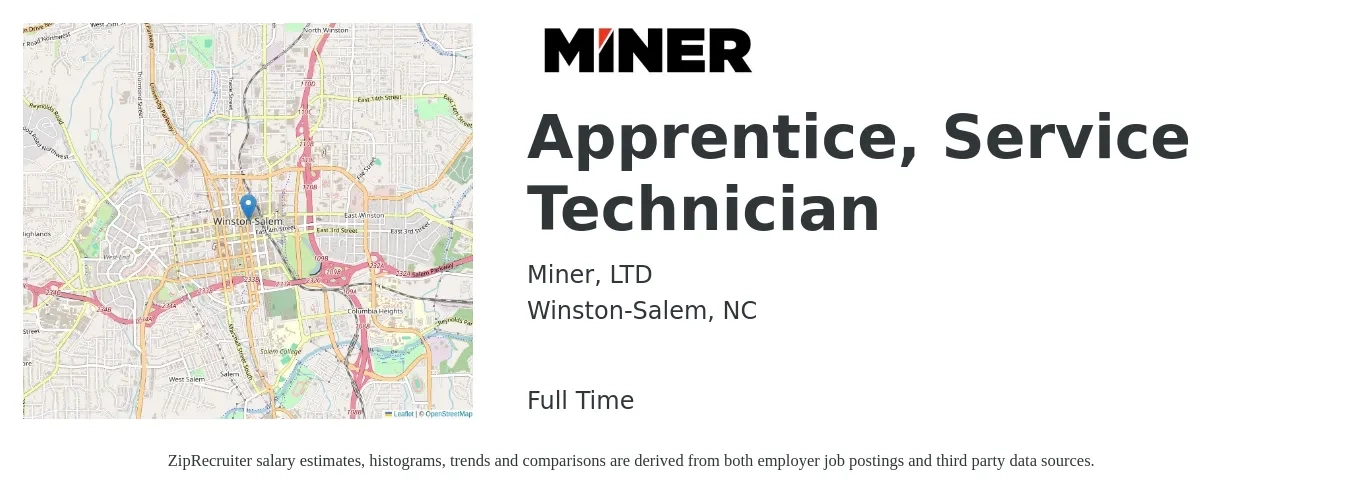 Miner, LTD job posting for a Apprentice, Service Technician in Winston-Salem, NC with a salary of $19 to $28 Hourly with a map of Winston-Salem location.