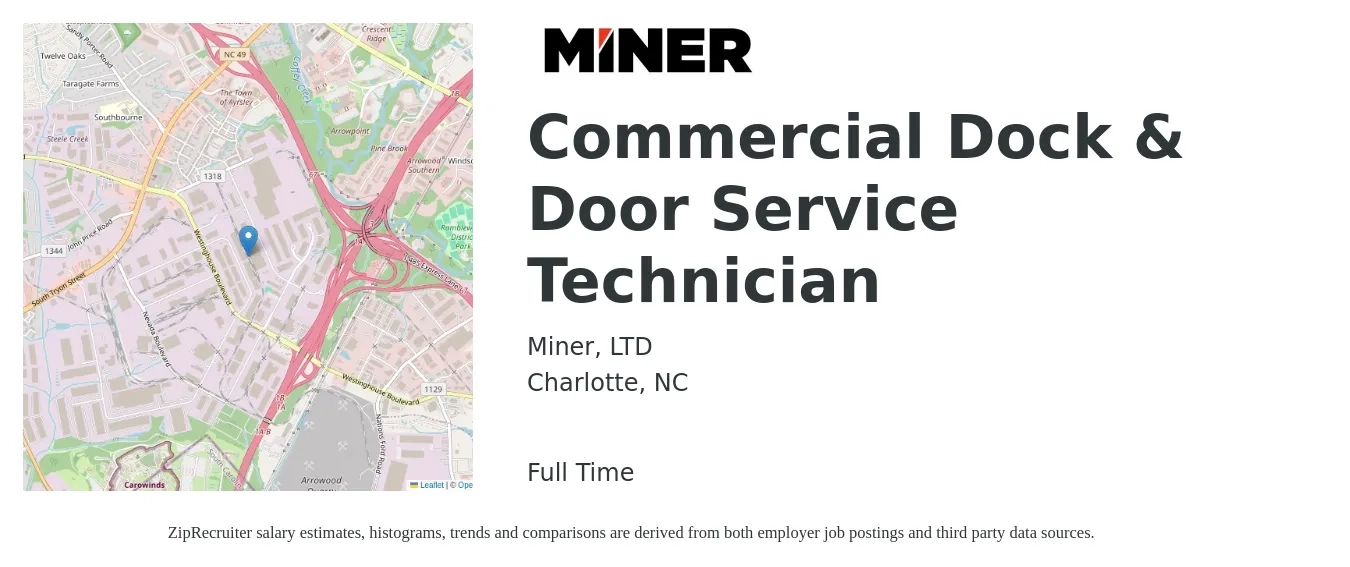 Miner, LTD job posting for a Commercial Dock & Door Service Technician in Charlotte, NC with a salary of $20 to $29 Hourly with a map of Charlotte location.