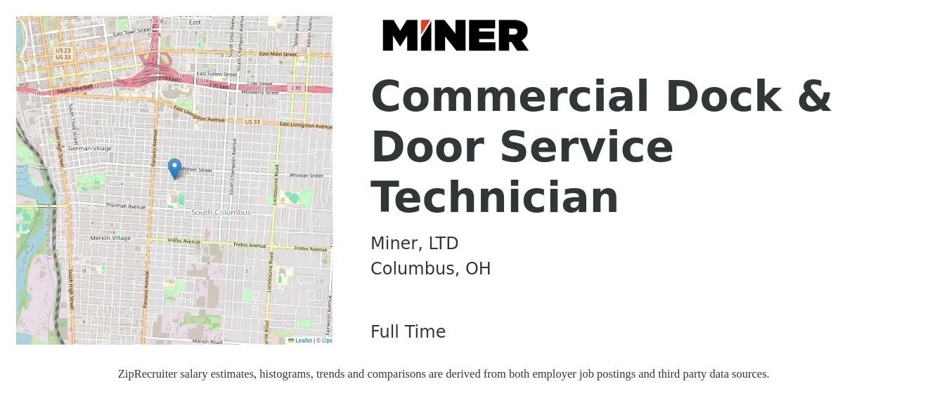 Miner, LTD job posting for a Commercial Dock & Door Service Technician in Columbus, OH with a salary of $20 to $30 Hourly with a map of Columbus location.