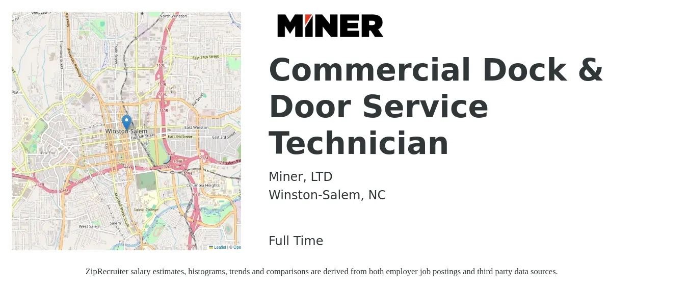 Miner, LTD job posting for a Commercial Dock & Door Service Technician in Winston-Salem, NC with a salary of $20 to $28 Hourly with a map of Winston-Salem location.