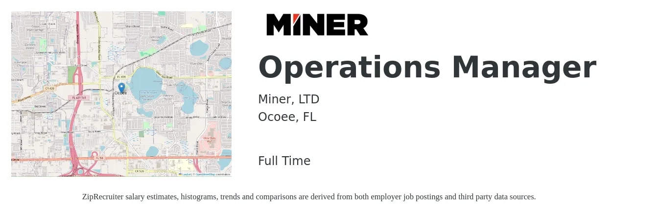 Miner LTD job posting for a Operations Manager in Ocoee, FL with a salary of $36,000 to $68,100 Yearly with a map of Ocoee location.
