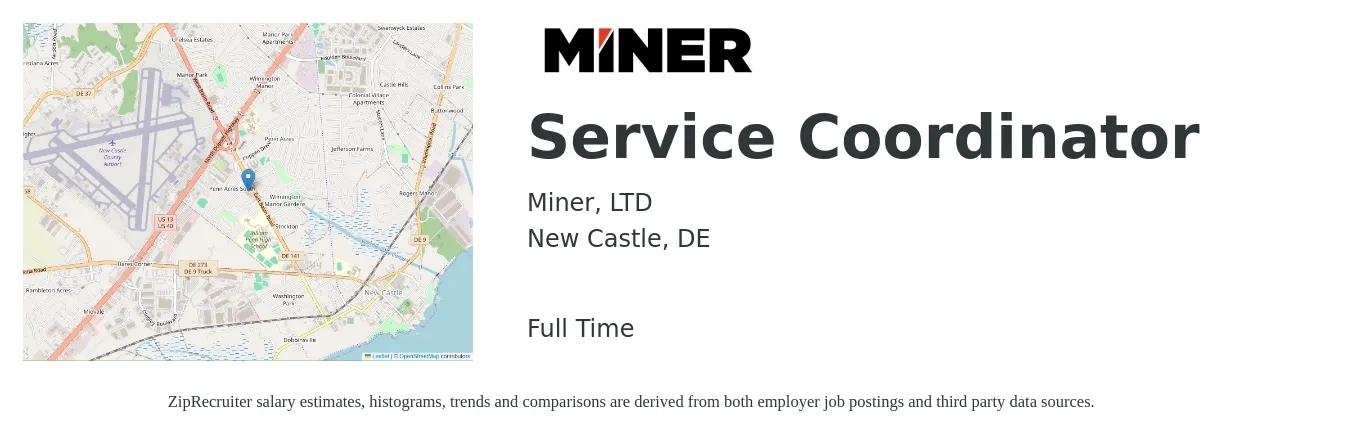 Miner, LTD job posting for a Service Coordinator in New Castle, DE with a salary of $19 to $24 Hourly with a map of New Castle location.