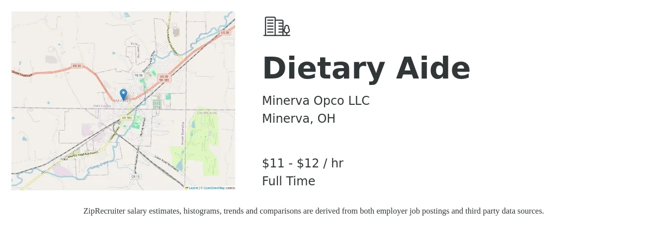 Minerva Opco LLC job posting for a Dietary Aide in Minerva, OH with a salary of $12 to $13 Hourly with a map of Minerva location.