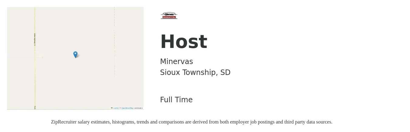 Minervas job posting for a Host in Sioux Township, SD with a salary of $11 to $15 Hourly with a map of Sioux Township location.