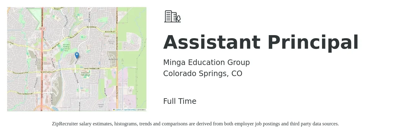 Minga Education Group job posting for a Assistant Principal in Colorado Springs, CO with a salary of $68,000 to $97,100 Yearly with a map of Colorado Springs location.