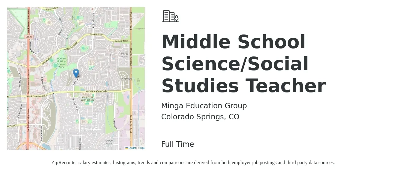 Minga Education Group job posting for a Middle School Science/Social Studies Teacher in Colorado Springs, CO with a salary of $40,900 to $53,800 Yearly with a map of Colorado Springs location.