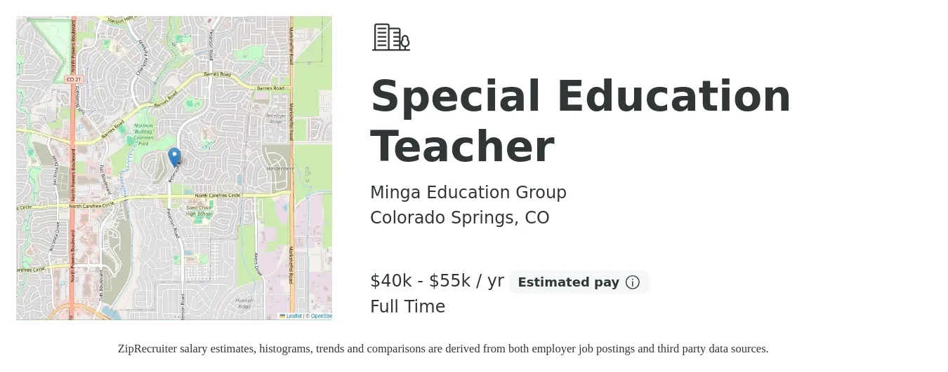Minga Education Group job posting for a Special Education Teacher in Colorado Springs, CO with a salary of $40,000 to $55,000 Yearly with a map of Colorado Springs location.