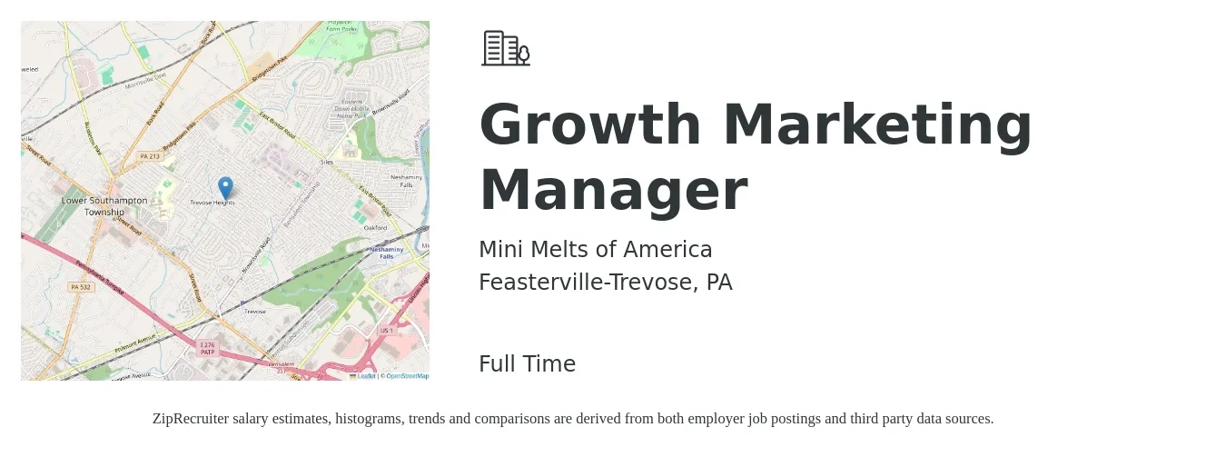 Mini Melts of America job posting for a Growth Marketing Manager in Feasterville-Trevose, PA with a salary of $56,400 to $92,200 Yearly with a map of Feasterville-Trevose location.