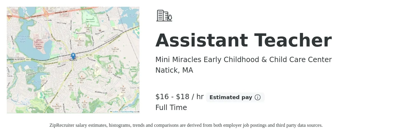 Mini Miracles Early Childhood & Child Care Center job posting for a Assistant Teacher in Natick, MA with a salary of $17 to $19 Hourly with a map of Natick location.
