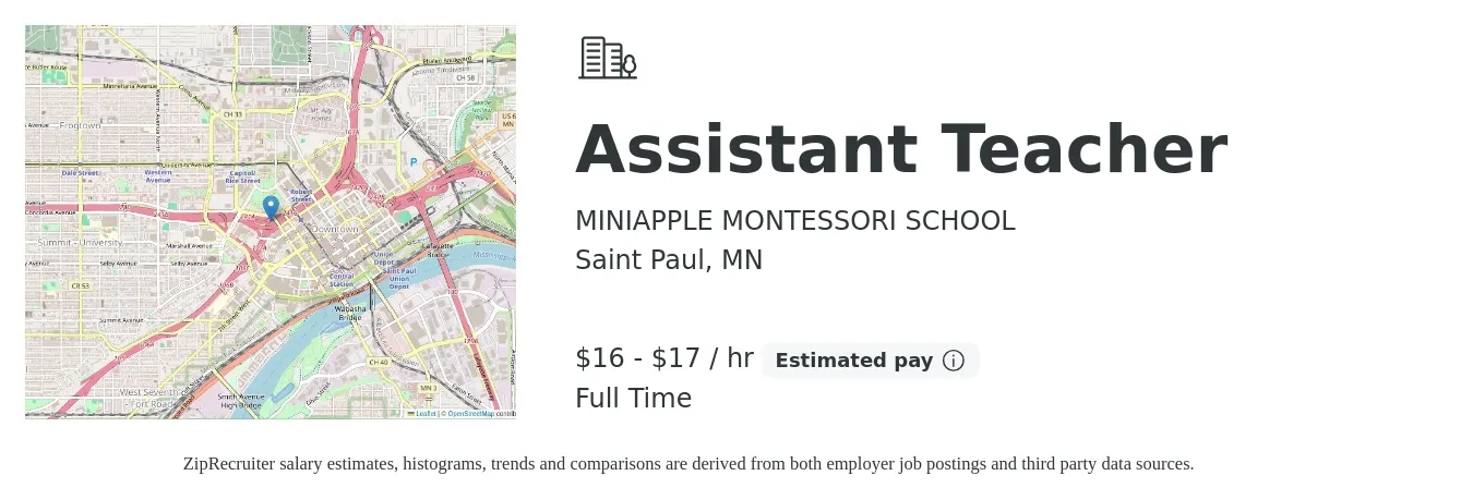 MINIAPPLE MONTESSORI SCHOOL job posting for a Assistant Teacher in Saint Paul, MN with a salary of $18 to $18 Hourly with a map of Saint Paul location.