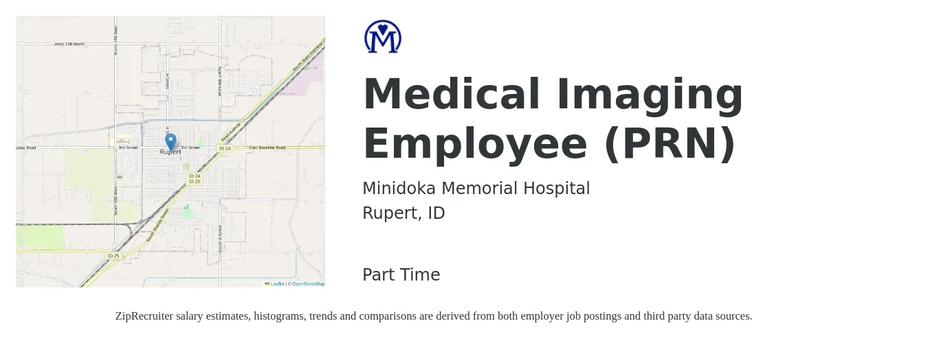 Minidoka Memorial Hospital job posting for a Medical Imaging Employee (PRN) in Rupert, ID with a salary of $1,170 to $2,050 Weekly with a map of Rupert location.