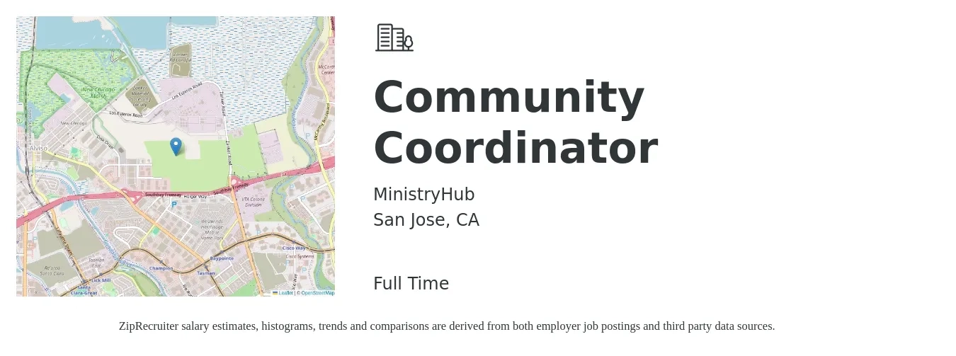 MinistryHub job posting for a Community Coordinator in San Jose, CA with a salary of $46,900 to $75,000 Yearly with a map of San Jose location.