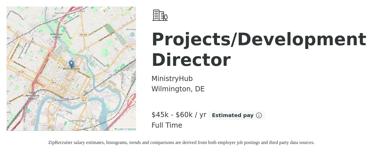MinistryHub job posting for a Projects/Development Director in Wilmington, DE with a salary of $45,000 to $60,000 Yearly with a map of Wilmington location.