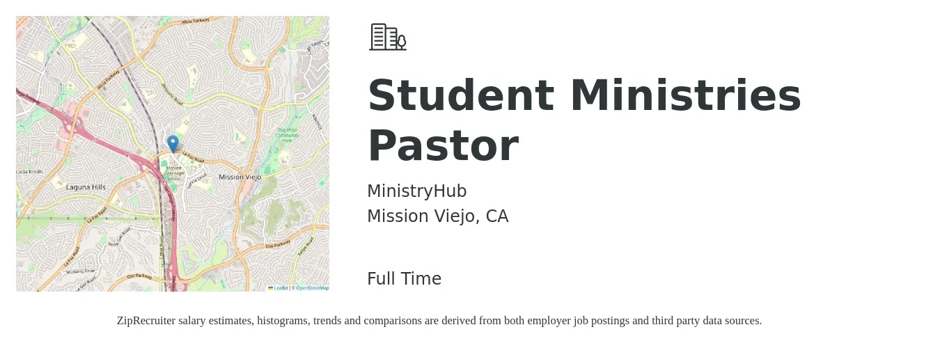MinistryHub job posting for a Student Ministries Pastor in Mission Viejo, CA with a salary of $48,900 to $75,500 Yearly with a map of Mission Viejo location.