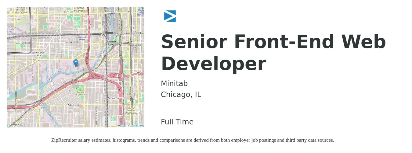 Minitab job posting for a Senior Front-End Web Developer in Chicago, IL with a salary of $118,500 to $155,600 Yearly with a map of Chicago location.