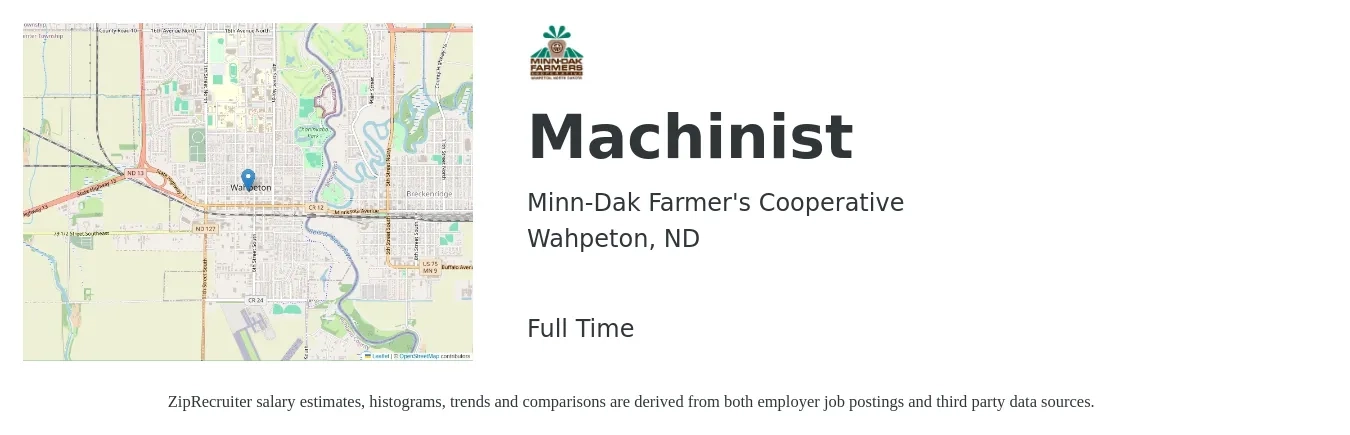 Minn-Dak Farmer's Cooperative job posting for a Machinist in Wahpeton, ND with a salary of $20 to $28 Hourly with a map of Wahpeton location.