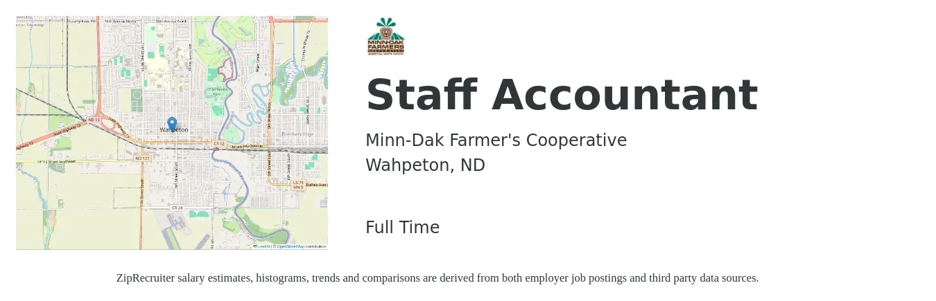 Minn-Dak Farmer's Cooperative job posting for a Staff Accountant in Wahpeton, ND with a salary of $51,000 to $67,200 Yearly with a map of Wahpeton location.