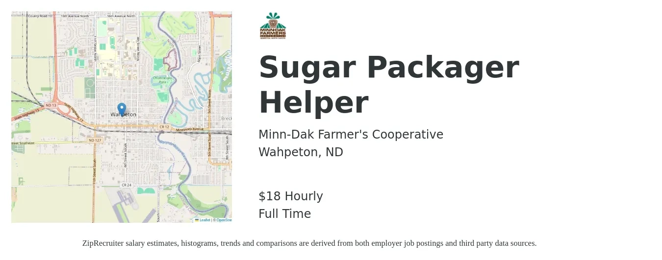 Minn-Dak Farmer's Cooperative job posting for a Sugar Packager Helper in Wahpeton, ND with a salary of $19 Hourly with a map of Wahpeton location.