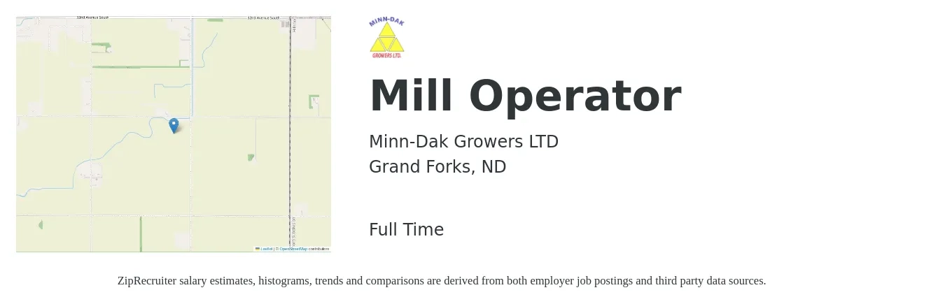 Minn-Dak Growers LTD job posting for a Mill Operator in Grand Forks, ND with a salary of $17 to $22 Hourly with a map of Grand Forks location.