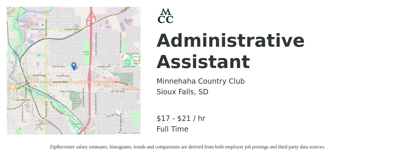 Minnehaha Country Club job posting for a Administrative Assistant in Sioux Falls, SD with a salary of $18 to $22 Hourly with a map of Sioux Falls location.
