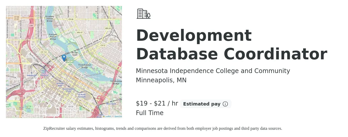 Minnesota Independence College and Community job posting for a Development Database Coordinator in Minneapolis, MN with a salary of $23 to $34 Hourly with a map of Minneapolis location.