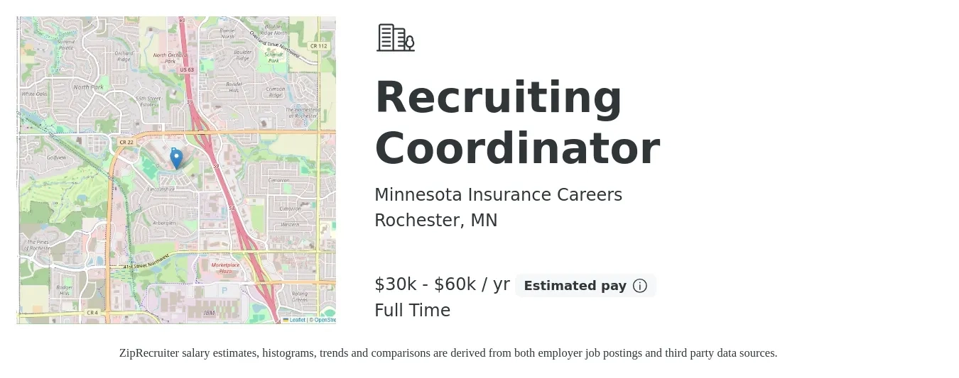 Minnesota Insurance Careers job posting for a Recruiting Coordinator in Rochester, MN with a salary of $30,000 to $60,000 Yearly with a map of Rochester location.