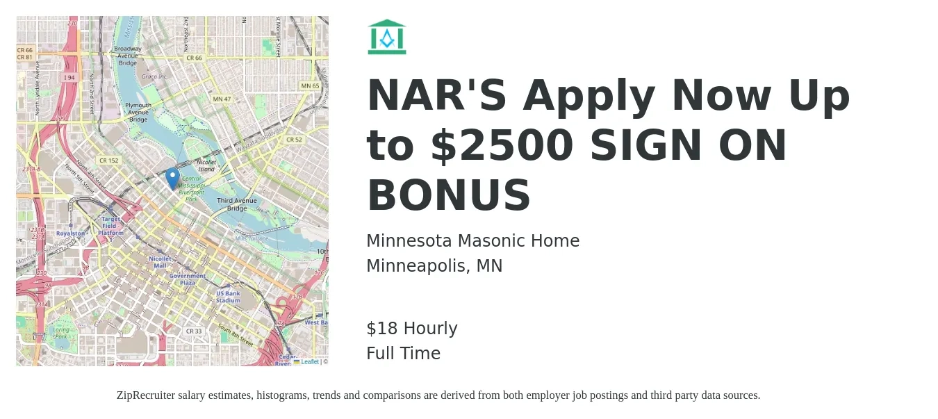 Minnesota Masonic Home job posting for a NAR'S Apply Now Up to $2500 SIGN ON BONUS in Minneapolis, MN with a salary of $19 Hourly with a map of Minneapolis location.