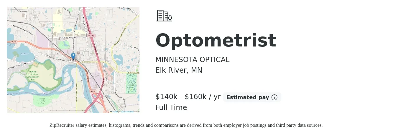 MINNESOTA OPTICAL job posting for a Optometrist in Elk River, MN with a salary of $140,000 to $160,000 Yearly with a map of Elk River location.