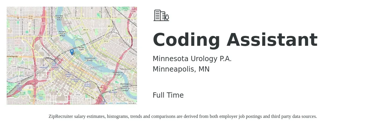 Minnesota Urology P.A. job posting for a Coding Assistant in Minneapolis, MN with a salary of $12 to $29 Hourly with a map of Minneapolis location.