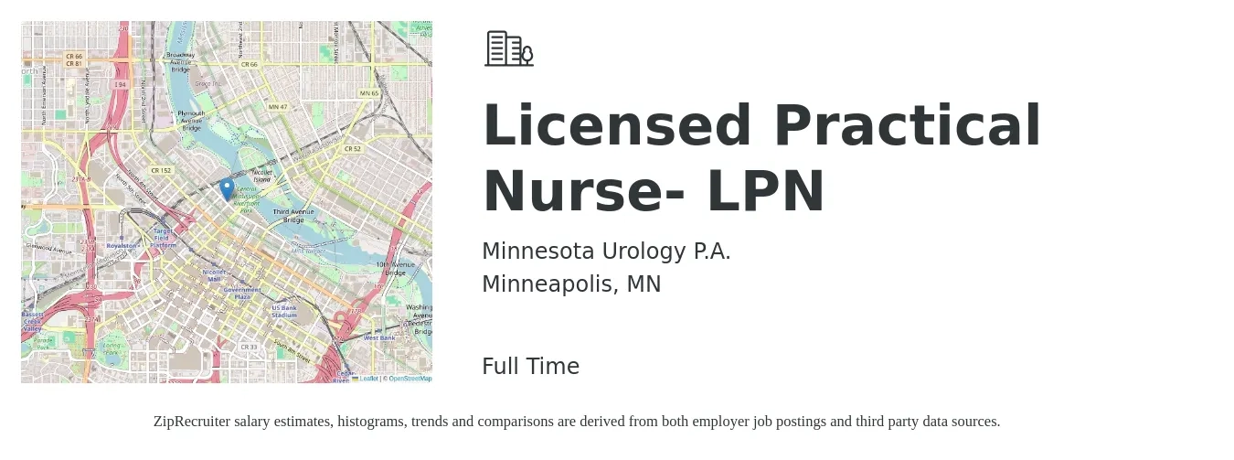 Minnesota Urology P.A. job posting for a Licensed Practical Nurse- LPN in Minneapolis, MN with a salary of $27 to $36 Hourly with a map of Minneapolis location.