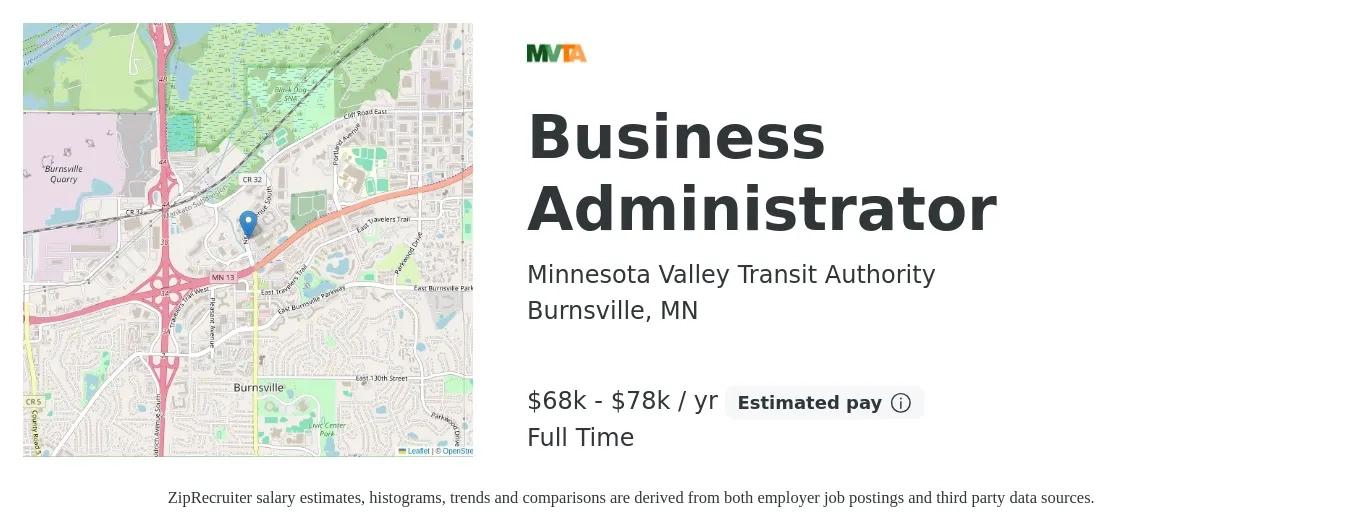 Minnesota Valley Transit Authority job posting for a Business Administrator in Burnsville, MN with a salary of $68,000 to $78,000 Yearly with a map of Burnsville location.